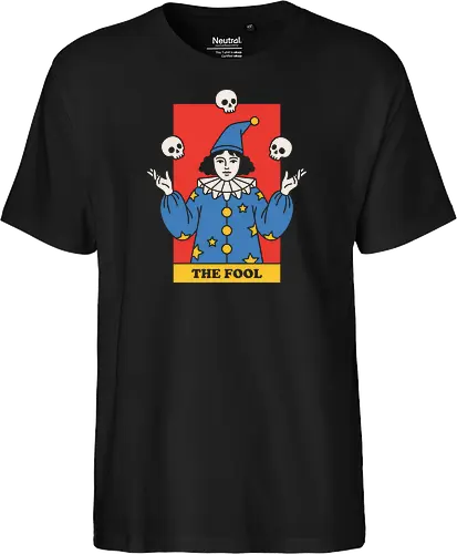The Fool's Juggling Act - tarot card shirt, The Fool major arcana tee, vintage circus graphic, creepy clown apparel, juggling skulls design, dark academia streetwear, witchy aesthetic clothing, occult graphic fashion, macabre harlequin merch, retro mystic illustration - Fairtrade T-Shirt