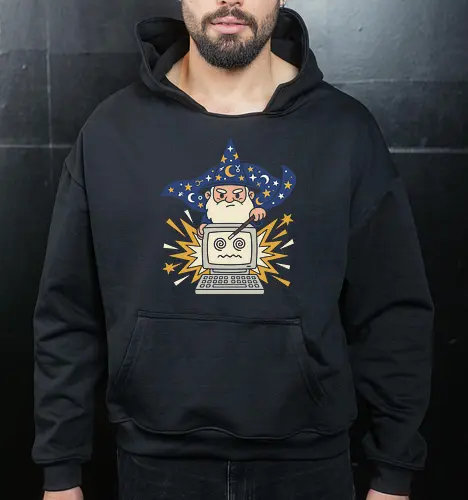 The Tech Wizard: IT Support Magic - tech wizard shirt, IT support graphic tee, funny programmer apparel, retro computer merch, coding wizard clothing, vintage PC design, geeky humor streetwear, magical troubleshooting tee, computer science fashion, fantasy gamer shirt - Cropped Hoodie