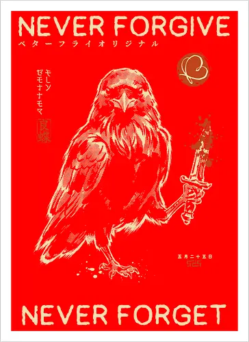 Never Forgive Never Forget - raven, crow, funny, dark humor, vintage, retro, japanese, dagger, bloody, revenge, gothic, bird, quote, mood, sarcastic - Artprint