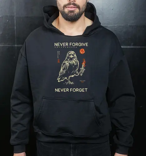Never Forgive Never Forget - raven, crow, funny, dark humor, vintage, retro, japanese, dagger, bloody, revenge, gothic, bird, quote, mood, sarcastic - Cropped Hoodie
