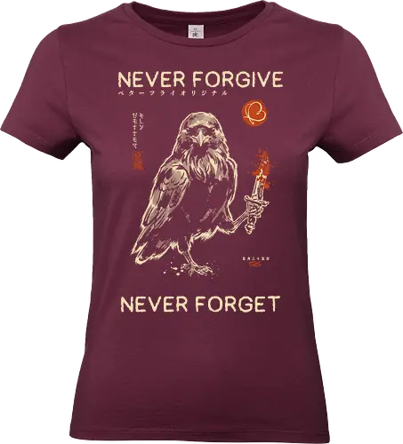 Never Forgive Never Forget - raven, crow, funny, dark humor, vintage, retro, japanese, dagger, bloody, revenge, gothic, bird, quote, mood, sarcastic - Standard T-Shirt (Women)