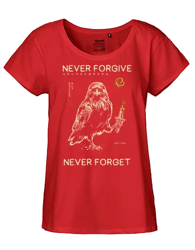 Never Forgive Never Forget - raven, crow, funny, dark humor, vintage, retro, japanese, dagger, bloody, revenge, gothic, bird, quote, mood, sarcastic - Fairtrade Girl Shirt