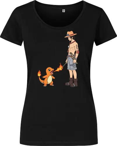 Fire Users: The Perfect Match - Portgas D Ace shirt, One Piece crossover apparel, fire pokemon graphic tee, Charmander merch, anime mashup streetwear, Fire Fist pirate clothing, classic shonen anime fashion, retro gaming nostalgia tee, otaku pop culture design, cute anime fire users - Women T-Shirt