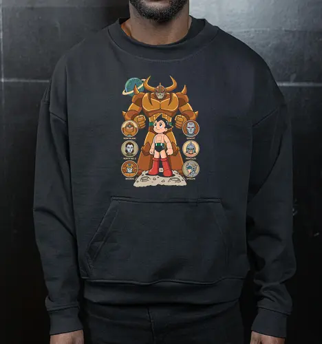 The Seven Great Robots: Pluto's Shadow - Pluto anime shirt, Astro Boy graphic tee, Osamu Tezuka merch, retro mecha streetwear, classic sci-fi manga apparel, seven great robots design, vintage anime poster tee, nostalgic otaku clothing, Japanese robot fashion, classic manga history shirt - Cropped Sweatshirt