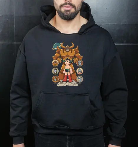 The Seven Great Robots: Pluto's Shadow - Pluto anime shirt, Astro Boy graphic tee, Osamu Tezuka merch, retro mecha streetwear, classic sci-fi manga apparel, seven great robots design, vintage anime poster tee, nostalgic otaku clothing, Japanese robot fashion, classic manga history shirt - Cropped Hoodie