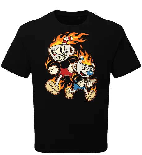 Don't Deal With the Devil: Cup Bros on Fire - Cuphead and Mugman shirt, retro gaming graphic tee, rubber hose cartoon apparel, indie video game merch, vintage animation streetwear, flaming cup design, edgy gamer clothing, 1930s cartoon aesthetic, run and gun game shirt, pop culture mashup tee, rubber hose cartoon apparel, indie video game merch, vintage animation streetwear, flaming cup design, edgy gamer clothing, Cuphead and Mugman shirt, retro gaming graphic tee, 1930s cartoon aesthetic, run and gun game shirt, pop culture mashup tee - Oversize T-Shirt