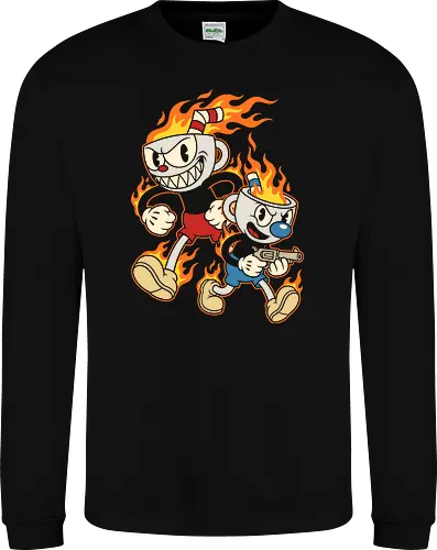 Don't Deal With the Devil: Cup Bros on Fire - Cuphead and Mugman shirt, retro gaming graphic tee, rubber hose cartoon apparel, indie video game merch, vintage animation streetwear, flaming cup design, edgy gamer clothing, 1930s cartoon aesthetic, run and gun game shirt, pop culture mashup tee, rubber hose cartoon apparel, indie video game merch, vintage animation streetwear, flaming cup design, edgy gamer clothing, Cuphead and Mugman shirt, retro gaming graphic tee, 1930s cartoon aesthetic, run and gun game shirt, pop culture mashup tee - Sweatshirt