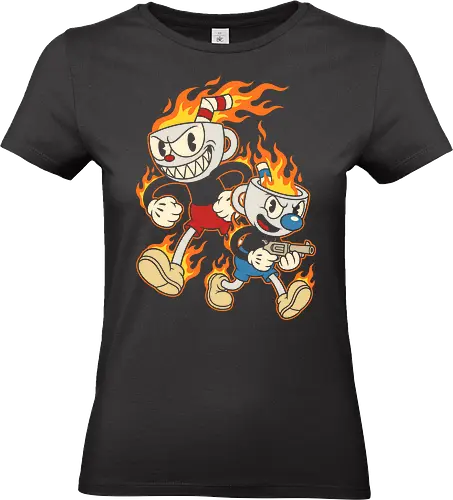 Don't Deal With the Devil: Cup Bros on Fire - Cuphead and Mugman shirt, retro gaming graphic tee, rubber hose cartoon apparel, indie video game merch, vintage animation streetwear, flaming cup design, edgy gamer clothing, 1930s cartoon aesthetic, run and gun game shirt, pop culture mashup tee, rubber hose cartoon apparel, indie video game merch, vintage animation streetwear, flaming cup design, edgy gamer clothing, Cuphead and Mugman shirt, retro gaming graphic tee, 1930s cartoon aesthetic, run and gun game shirt, pop culture mashup tee - Standard T-Shirt (Women)