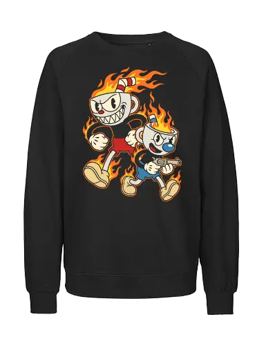 Don't Deal With the Devil: Cup Bros on Fire - Cuphead and Mugman shirt, retro gaming graphic tee, rubber hose cartoon apparel, indie video game merch, vintage animation streetwear, flaming cup design, edgy gamer clothing, 1930s cartoon aesthetic, run and gun game shirt, pop culture mashup tee, rubber hose cartoon apparel, indie video game merch, vintage animation streetwear, flaming cup design, edgy gamer clothing, Cuphead and Mugman shirt, retro gaming graphic tee, 1930s cartoon aesthetic, run and gun game shirt, pop culture mashup tee - Fairtrade Sweatshirt