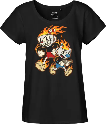 Don't Deal With the Devil: Cup Bros on Fire - Cuphead and Mugman shirt, retro gaming graphic tee, rubber hose cartoon apparel, indie video game merch, vintage animation streetwear, flaming cup design, edgy gamer clothing, 1930s cartoon aesthetic, run and gun game shirt, pop culture mashup tee, rubber hose cartoon apparel, indie video game merch, vintage animation streetwear, flaming cup design, edgy gamer clothing, Cuphead and Mugman shirt, retro gaming graphic tee, 1930s cartoon aesthetic, run and gun game shirt, pop culture mashup tee - Fairtrade Girl Shirt