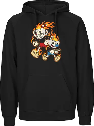 Don't Deal With the Devil: Cup Bros on Fire - Cuphead and Mugman shirt, retro gaming graphic tee, rubber hose cartoon apparel, indie video game merch, vintage animation streetwear, flaming cup design, edgy gamer clothing, 1930s cartoon aesthetic, run and gun game shirt, pop culture mashup tee, rubber hose cartoon apparel, indie video game merch, vintage animation streetwear, flaming cup design, edgy gamer clothing, Cuphead and Mugman shirt, retro gaming graphic tee, 1930s cartoon aesthetic, run and gun game shirt, pop culture mashup tee - Fairtrade Hoodie