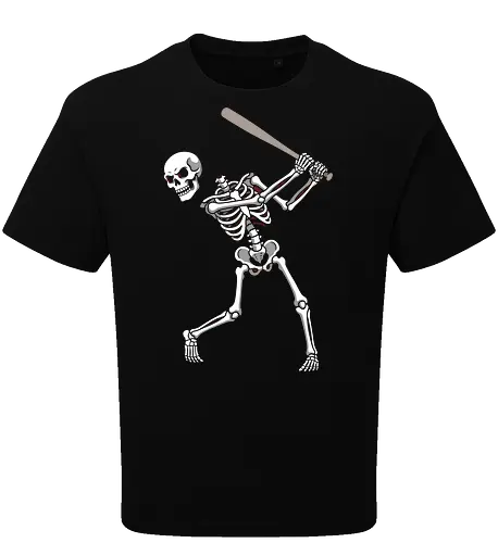 Batter Up: The Undead Hitter - skeleton baseball shirt, negative space graphic tee, minimalist skull apparel, edgy sports streetwear, dead batter design, alternative gothic clothing, dark aesthetic baseball tee, fragmented skeleton art, spooky sports merch, unique skull graphic - Oversize T-Shirt