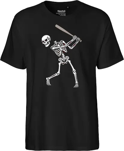 Batter Up: The Undead Hitter - skeleton baseball shirt, negative space graphic tee, minimalist skull apparel, edgy sports streetwear, dead batter design, alternative gothic clothing, dark aesthetic baseball tee, fragmented skeleton art, spooky sports merch, unique skull graphic - Fairtrade T-Shirt