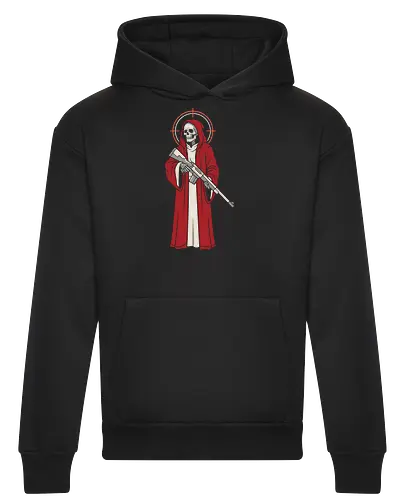 Holy Reaper: The Crimson Marksman - grim reaper shirt, tactical skeleton graphic tee, red robe death apparel, edgy sniper streetwear, dark gothic clothing, holy reaper design, alternative military shirt, modern angel of death, crosshair halo tee, bad ass skull merch - Heavyweight Hoodie