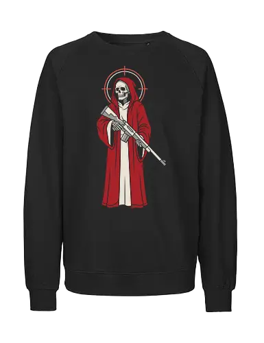 Holy Reaper: The Crimson Marksman - grim reaper shirt, tactical skeleton graphic tee, red robe death apparel, edgy sniper streetwear, dark gothic clothing, holy reaper design, alternative military shirt, modern angel of death, crosshair halo tee, bad ass skull merch - Fairtrade Sweatshirt