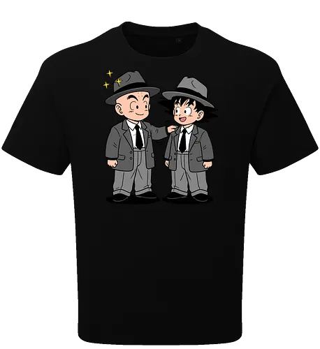 Turtle School Mafia: Dapper Duo - Kid Goku and Krillin shirt, retro Dragon Ball merch, anime best friends graphic tee, funny anime mafia apparel, nostalgic shonen streetwear, Turtle School duo clothing, vintage manga aesthetic, quirky otaku fashion, classic anime comedy shirt, oversized suit anime design - Oversize T-Shirt
