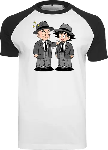 Turtle School Mafia: Dapper Duo - Kid Goku and Krillin shirt, retro Dragon Ball merch, anime best friends graphic tee, funny anime mafia apparel, nostalgic shonen streetwear, Turtle School duo clothing, vintage manga aesthetic, quirky otaku fashion, classic anime comedy shirt, oversized suit anime design - Raglan T-Shirt
