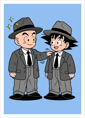 Turtle School Mafia: Dapper Duo - Kid Goku and Krillin shirt, retro Dragon Ball merch, anime best friends graphic tee, funny anime mafia apparel, nostalgic shonen streetwear, Turtle School duo clothing, vintage manga aesthetic, quirky otaku fashion, classic anime comedy shirt, oversized suit anime design - Artprint
