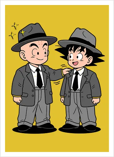 Turtle School Mafia: Dapper Duo - Kid Goku and Krillin shirt, retro Dragon Ball merch, anime best friends graphic tee, funny anime mafia apparel, nostalgic shonen streetwear, Turtle School duo clothing, vintage manga aesthetic, quirky otaku fashion, classic anime comedy shirt, oversized suit anime design - Artprint