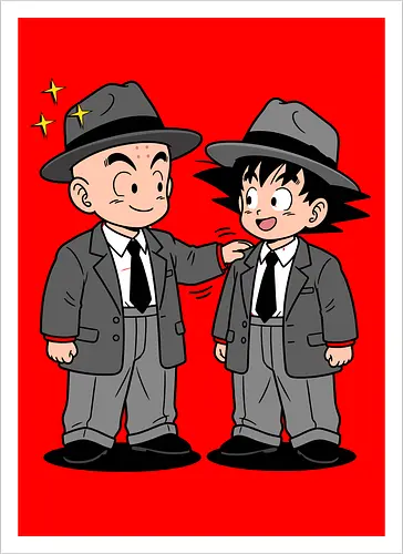 Turtle School Mafia: Dapper Duo - Kid Goku and Krillin shirt, retro Dragon Ball merch, anime best friends graphic tee, funny anime mafia apparel, nostalgic shonen streetwear, Turtle School duo clothing, vintage manga aesthetic, quirky otaku fashion, classic anime comedy shirt, oversized suit anime design - Artprint