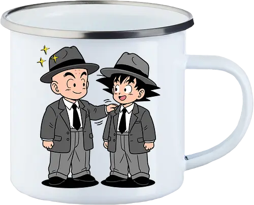 Turtle School Mafia: Dapper Duo - Kid Goku and Krillin shirt, retro Dragon Ball merch, anime best friends graphic tee, funny anime mafia apparel, nostalgic shonen streetwear, Turtle School duo clothing, vintage manga aesthetic, quirky otaku fashion, classic anime comedy shirt, oversized suit anime design - Enamel Mug