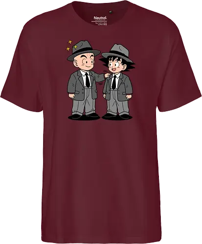 Turtle School Mafia: Dapper Duo - Kid Goku and Krillin shirt, retro Dragon Ball merch, anime best friends graphic tee, funny anime mafia apparel, nostalgic shonen streetwear, Turtle School duo clothing, vintage manga aesthetic, quirky otaku fashion, classic anime comedy shirt, oversized suit anime design - Fairtrade T-Shirt