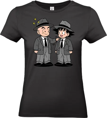 Turtle School Mafia: Dapper Duo - Kid Goku and Krillin shirt, retro Dragon Ball merch, anime best friends graphic tee, funny anime mafia apparel, nostalgic shonen streetwear, Turtle School duo clothing, vintage manga aesthetic, quirky otaku fashion, classic anime comedy shirt, oversized suit anime design - Standard T-Shirt (Women)