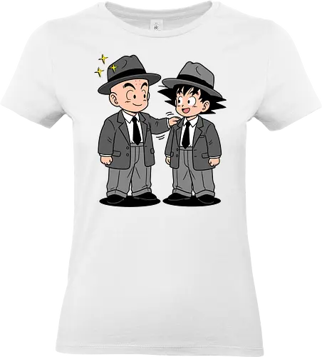 Turtle School Mafia: Dapper Duo - Kid Goku and Krillin shirt, retro Dragon Ball merch, anime best friends graphic tee, funny anime mafia apparel, nostalgic shonen streetwear, Turtle School duo clothing, vintage manga aesthetic, quirky otaku fashion, classic anime comedy shirt, oversized suit anime design - Standard T-Shirt (Women)