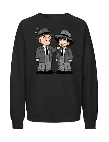 Turtle School Mafia: Dapper Duo - Kid Goku and Krillin shirt, retro Dragon Ball merch, anime best friends graphic tee, funny anime mafia apparel, nostalgic shonen streetwear, Turtle School duo clothing, vintage manga aesthetic, quirky otaku fashion, classic anime comedy shirt, oversized suit anime design - Fairtrade Sweatshirt