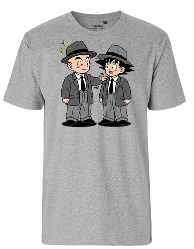 Turtle School Mafia: Dapper Duo - Kid Goku and Krillin shirt, retro Dragon Ball merch, anime best friends graphic tee, funny anime mafia apparel, nostalgic shonen streetwear, Turtle School duo clothing, vintage manga aesthetic, quirky otaku fashion, classic anime comedy shirt, oversized suit anime design - Fairtrade T-Shirt