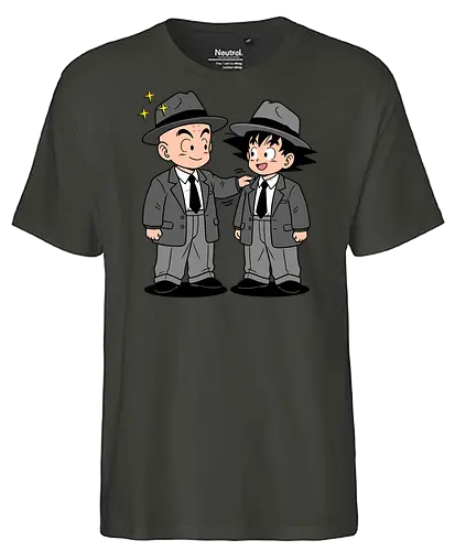 Turtle School Mafia: Dapper Duo - Kid Goku and Krillin shirt, retro Dragon Ball merch, anime best friends graphic tee, funny anime mafia apparel, nostalgic shonen streetwear, Turtle School duo clothing, vintage manga aesthetic, quirky otaku fashion, classic anime comedy shirt, oversized suit anime design - Fairtrade T-Shirt