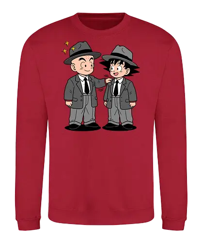 Turtle School Mafia: Dapper Duo - Kid Goku and Krillin shirt, retro Dragon Ball merch, anime best friends graphic tee, funny anime mafia apparel, nostalgic shonen streetwear, Turtle School duo clothing, vintage manga aesthetic, quirky otaku fashion, classic anime comedy shirt, oversized suit anime design - Sweatshirt