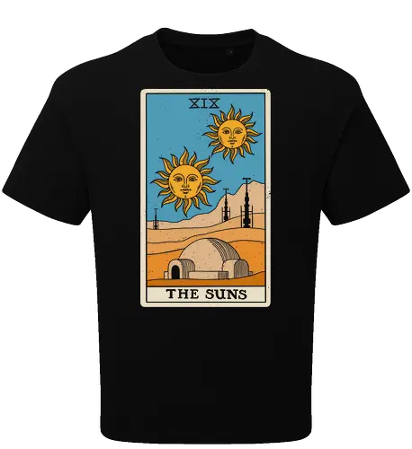 Twin Suns Tarot Card - sci fi, 80s, 80s movies, desert, geek, magic, mystical, nostalgia, occult, science fiction, space, summer, sun, tarot card, tatooine - Oversize T-Shirt