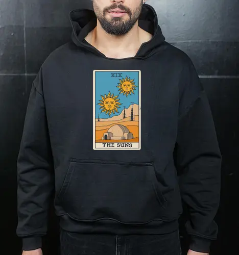 Twin Suns Tarot Card - sci fi, 80s, 80s movies, desert, geek, magic, mystical, nostalgia, occult, science fiction, space, summer, sun, tarot card, tatooine - Cropped Hoodie