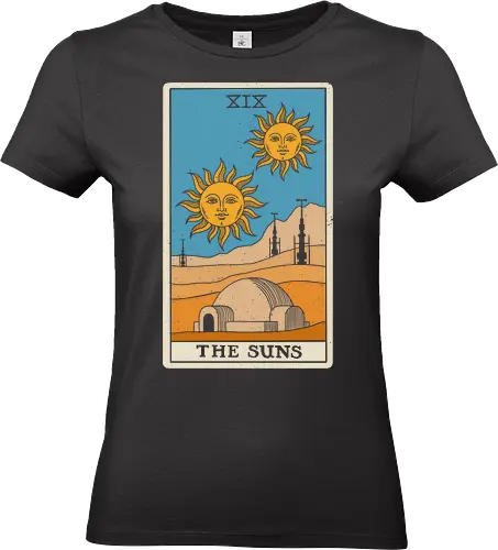 Twin Suns Tarot Card - sci fi, 80s, 80s movies, desert, geek, magic, mystical, nostalgia, occult, science fiction, space, summer, sun, tarot card, tatooine - Standard T-Shirt (Women)