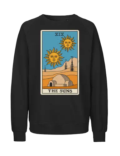 Twin Suns Tarot Card - sci fi, 80s, 80s movies, desert, geek, magic, mystical, nostalgia, occult, science fiction, space, summer, sun, tarot card, tatooine - Fairtrade Sweatshirt