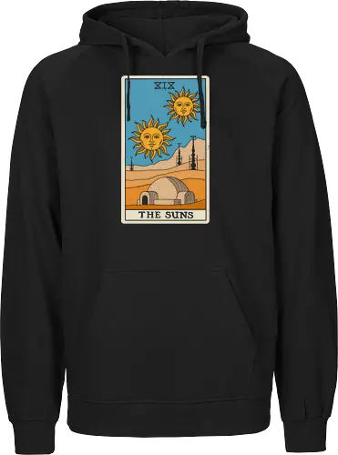 Twin Suns Tarot Card - sci fi, 80s, 80s movies, desert, geek, magic, mystical, nostalgia, occult, science fiction, space, summer, sun, tarot card, tatooine - Fairtrade Hoodie