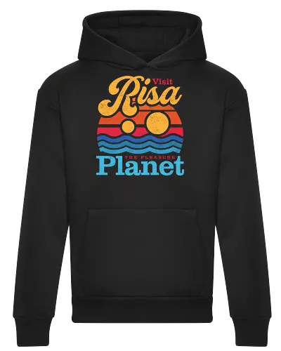 VISIT RISA - risa, pleasure planet, sci fi, space vacation, galaxy travel, geek, nostalgia, retro aesthetic, vacation vibes, sunset, beach, retro sunset, space tourism, classic sci fi, nerd, minimalist, sci fi lover - Heavyweight Hoodie