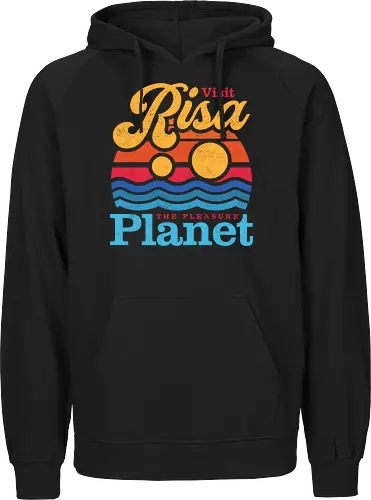 VISIT RISA - risa, pleasure planet, sci fi, space vacation, galaxy travel, geek, nostalgia, retro aesthetic, vacation vibes, sunset, beach, retro sunset, space tourism, classic sci fi, nerd, minimalist, sci fi lover - Fairtrade Hoodie