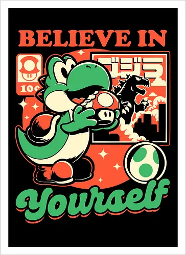 Dinosaur Kaiju Game - Dino, Dinosaurs, Dinosaur, Cute Kaiju, Kaiju, Mushrooms, Mushroom, Video Games, Video Game, Games, Game, Vintage, Retro, Retro Vintage, Platform, Adventure, Fantasy, Magic, Magical, Trained, Train, Training, Gym, Eat, Eating, Poster, I Believe In You, Believe, I Believe - Artprint