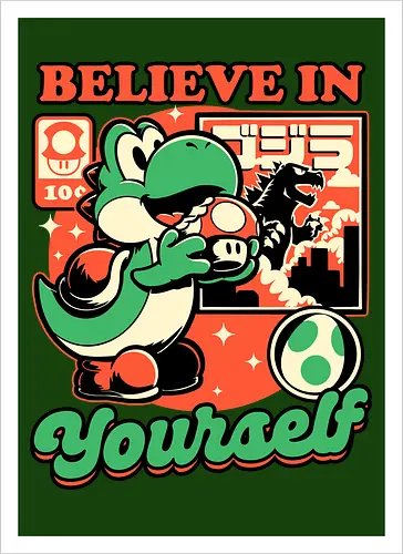 Dinosaur Kaiju Game - Dino, Dinosaurs, Dinosaur, Cute Kaiju, Kaiju, Mushrooms, Mushroom, Video Games, Video Game, Games, Game, Vintage, Retro, Retro Vintage, Platform, Adventure, Fantasy, Magic, Magical, Trained, Train, Training, Gym, Eat, Eating, Poster, I Believe In You, Believe, I Believe - Artprint