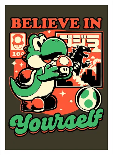 Dinosaur Kaiju Game - Dino, Dinosaurs, Dinosaur, Cute Kaiju, Kaiju, Mushrooms, Mushroom, Video Games, Video Game, Games, Game, Vintage, Retro, Retro Vintage, Platform, Adventure, Fantasy, Magic, Magical, Trained, Train, Training, Gym, Eat, Eating, Poster, I Believe In You, Believe, I Believe - Artprint