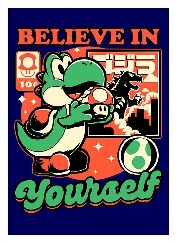 Dinosaur Kaiju Game - Dino, Dinosaurs, Dinosaur, Cute Kaiju, Kaiju, Mushrooms, Mushroom, Video Games, Video Game, Games, Game, Vintage, Retro, Retro Vintage, Platform, Adventure, Fantasy, Magic, Magical, Trained, Train, Training, Gym, Eat, Eating, Poster, I Believe In You, Believe, I Believe - Artprint