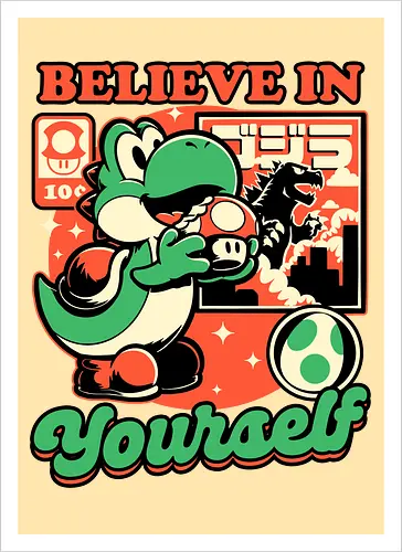 Dinosaur Kaiju Game - Dino, Dinosaurs, Dinosaur, Cute Kaiju, Kaiju, Mushrooms, Mushroom, Video Games, Video Game, Games, Game, Vintage, Retro, Retro Vintage, Platform, Adventure, Fantasy, Magic, Magical, Trained, Train, Training, Gym, Eat, Eating, Poster, I Believe In You, Believe, I Believe - Artprint