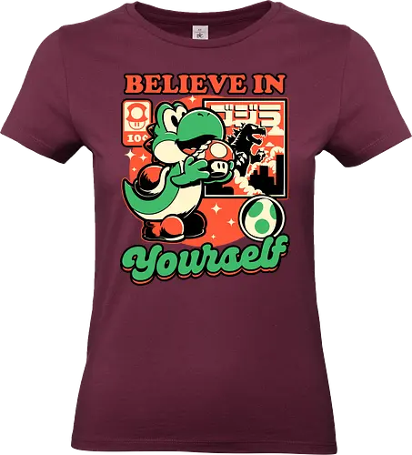 Dinosaur Kaiju Game - Dino, Dinosaurs, Dinosaur, Cute Kaiju, Kaiju, Mushrooms, Mushroom, Video Games, Video Game, Games, Game, Vintage, Retro, Retro Vintage, Platform, Adventure, Fantasy, Magic, Magical, Trained, Train, Training, Gym, Eat, Eating, Poster, I Believe In You, Believe, I Believe - Standard T-Shirt (Women)