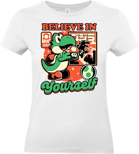 Dinosaur Kaiju Game - Dino, Dinosaurs, Dinosaur, Cute Kaiju, Kaiju, Mushrooms, Mushroom, Video Games, Video Game, Games, Game, Vintage, Retro, Retro Vintage, Platform, Adventure, Fantasy, Magic, Magical, Trained, Train, Training, Gym, Eat, Eating, Poster, I Believe In You, Believe, I Believe - Standard T-Shirt (Women)