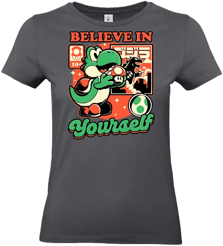 Dinosaur Kaiju Game - Dino, Dinosaurs, Dinosaur, Cute Kaiju, Kaiju, Mushrooms, Mushroom, Video Games, Video Game, Games, Game, Vintage, Retro, Retro Vintage, Platform, Adventure, Fantasy, Magic, Magical, Trained, Train, Training, Gym, Eat, Eating, Poster, I Believe In You, Believe, I Believe - Standard T-Shirt (Women)