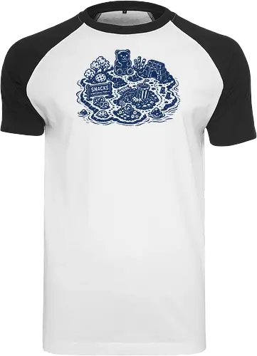 Snacks National Park - snacks national park, snacks island, snack paradise, gummy bear, popcorn, chocolate, pretzel, linocut - Raglan T-Shirt