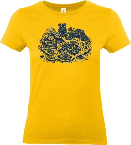 Snacks National Park - snacks national park, snacks island, snack paradise, gummy bear, popcorn, chocolate, pretzel, linocut - Standard T-Shirt (Women)