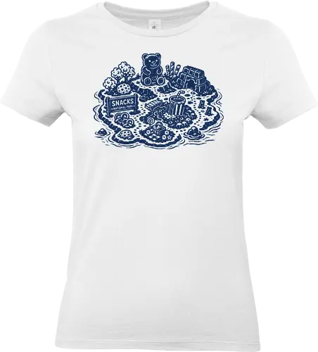 Snacks National Park - snacks national park, snacks island, snack paradise, gummy bear, popcorn, chocolate, pretzel, linocut - Standard T-Shirt (Women)